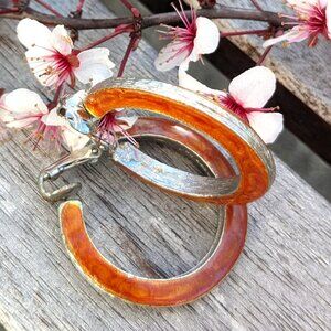 Vintage 70s 80s Hoop Earrings, Tan & Silver, Clip On